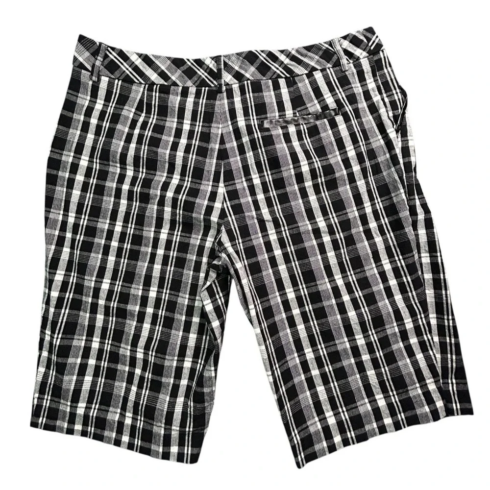 AB Studio Shorts Womens Size 12 Black White Check Pockets Relaxed Fit Stretch
